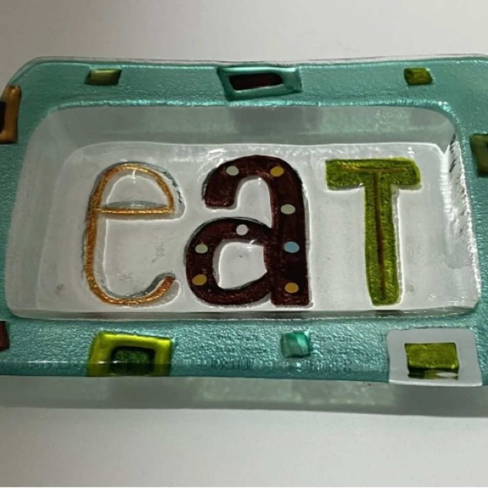 Lori Siebert For Silvestri "EAT" Glass Hand Blown Snack Plate or Trinket Dish